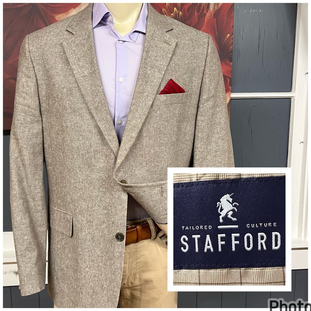 Stafford Linen Cotton Blazer Jacket Sport Coat Mens 46R Classic Fit Beige